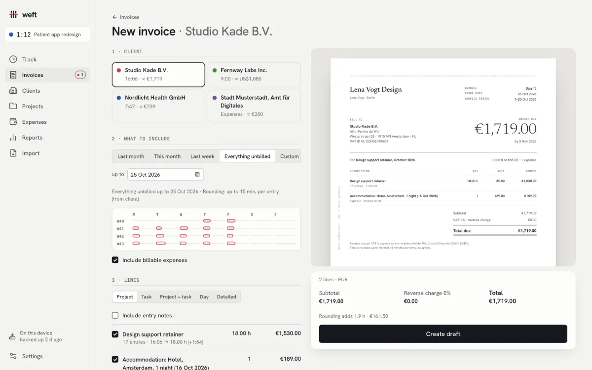 The invoice composer: Studio Kade’s unbilled time on the left, a live, print-accurate invoice preview on the right.