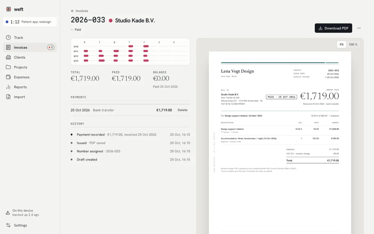 A paid invoice: a hairline “Paid · 25 Oct 2026” mark beside the amount, the payment history, and the balance at €0.00.