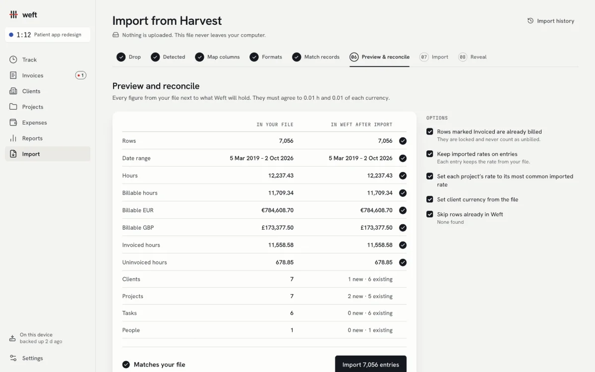 Preview and reconcile: every figure in the Harvest file next to what Weft will hold after import, each with a check mark.