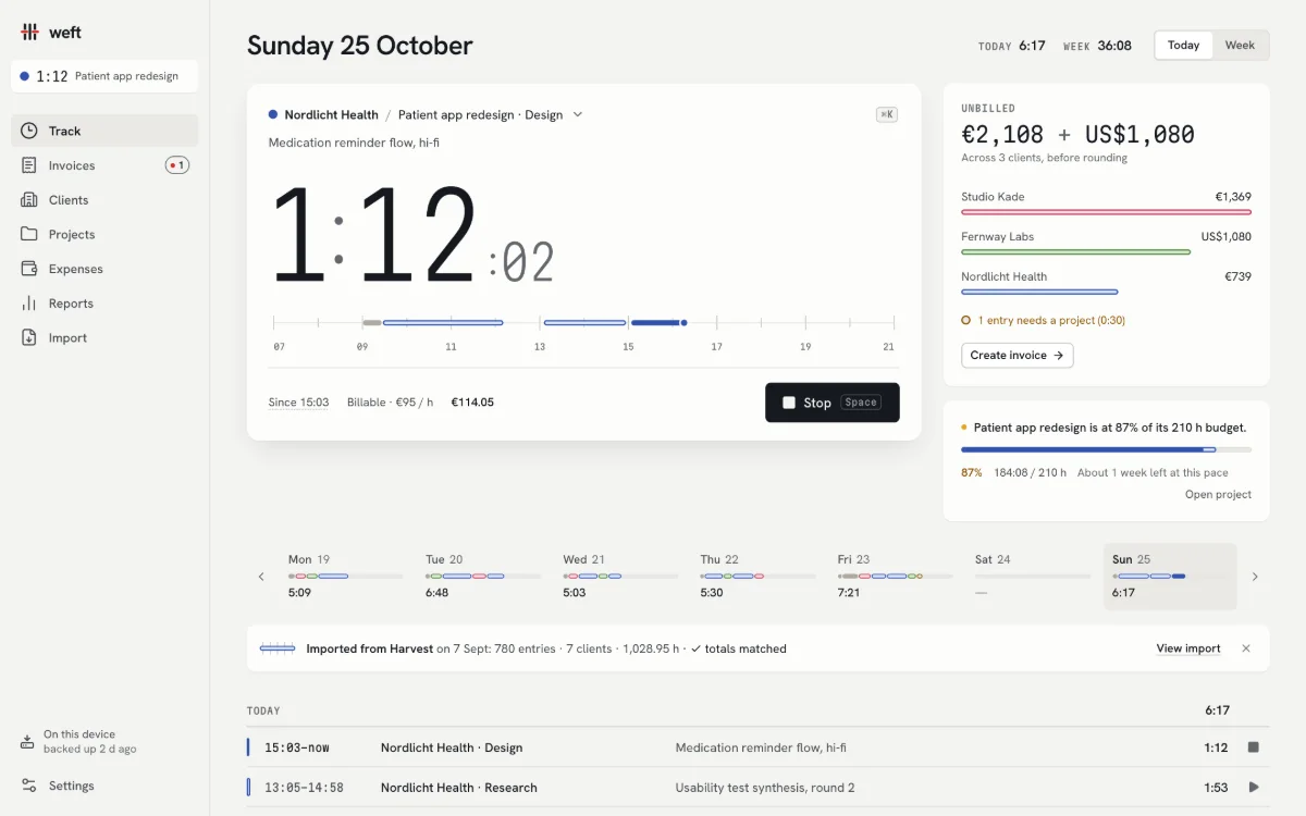 Weft’s Track screen: a running timer at 1:12, this week’s days as threads, and an Unbilled card showing money waiting to be invoiced.